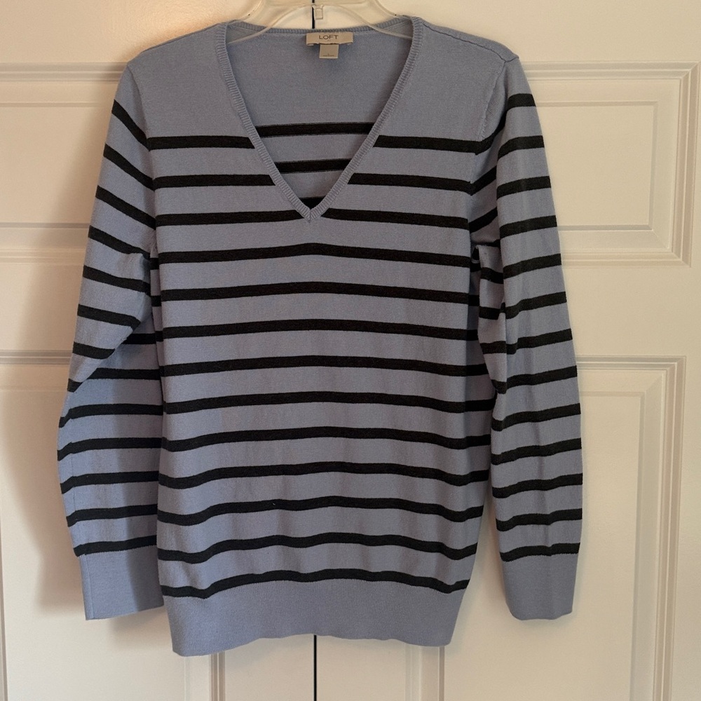 Loft Blue Striped V Neck Sweater Sz L